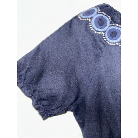 J. Crew Vintage Closet Sz 12 Navy Blue Peasant Blouse 100% Linen Sequins EUC - Picture 5 of 9